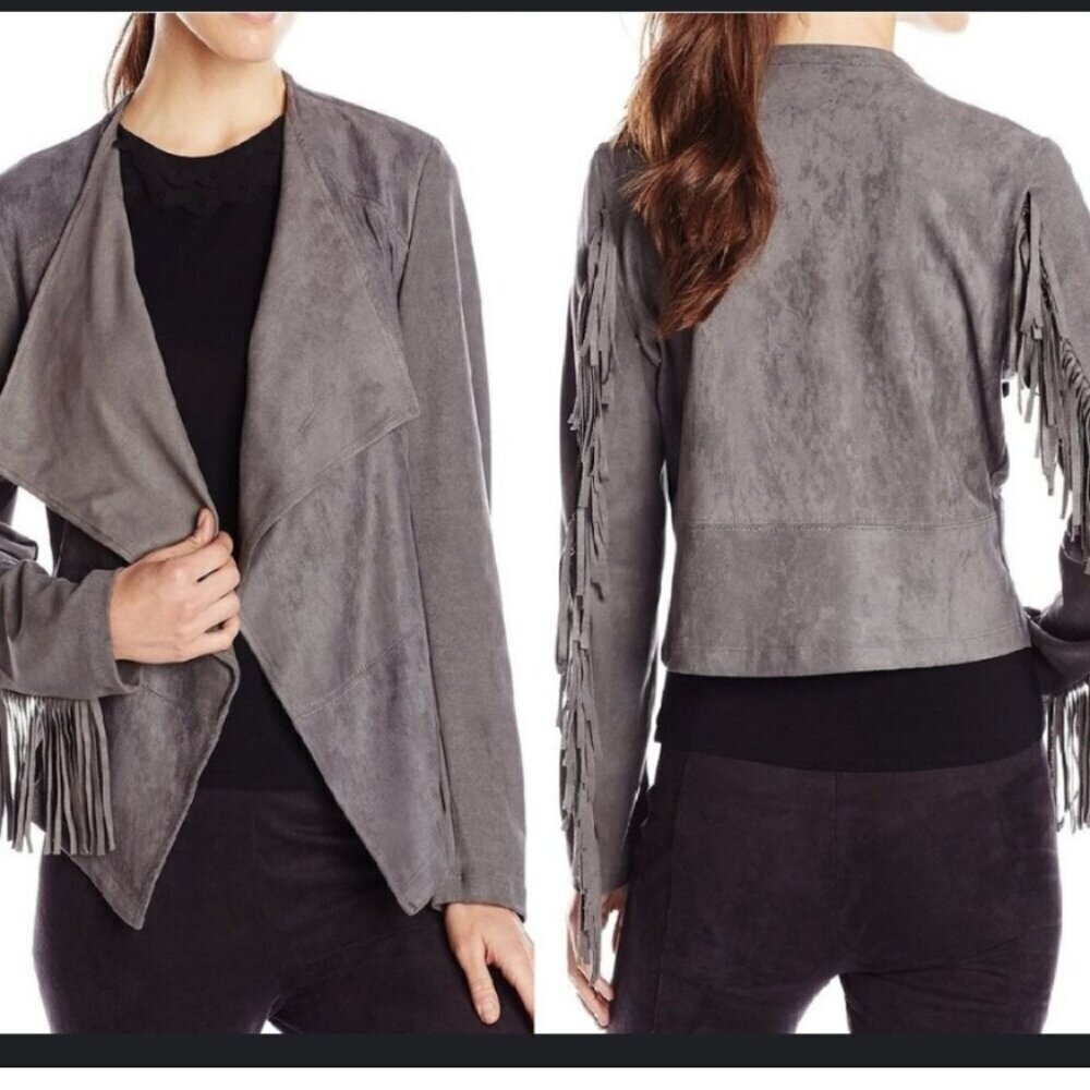 Karen Kane Grey Faux Suede Drapey Fringe Jacket
